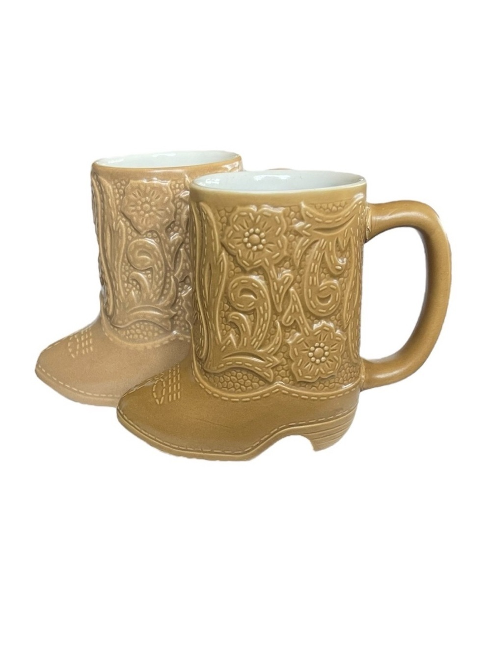 Vintage Brown Tan Ceramic Cowboy Boot Mug Set Western Style Cowboy Cowgirl